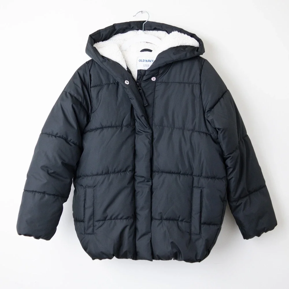 Old Navy Puffer Jacket Vail Cocoon Kids Size L 10-12 Black Sherpa Lined Hooded